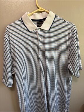 Greg Norman Collection Men's White Polo with Blue & Black Stripes